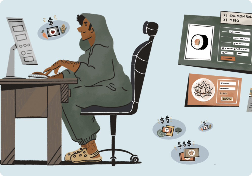 An image of a person sitting at a desk, looking at a computer, submitting an order form.