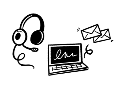 Icon of a laptop computer sending emails and a headset