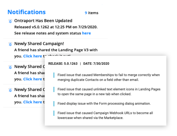 View notifications about updates directly in the Ontraport app