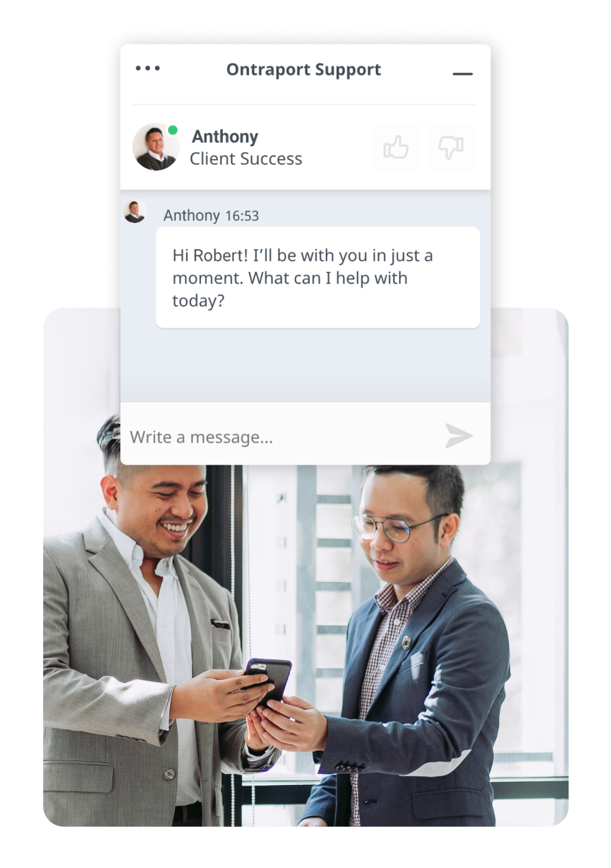 Two people looking at a cell phone, and an image of a chat window with Ontraport support