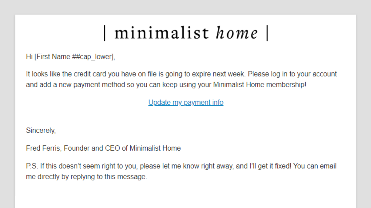 A screenshot of the Credit Card Expiration Reminder Email