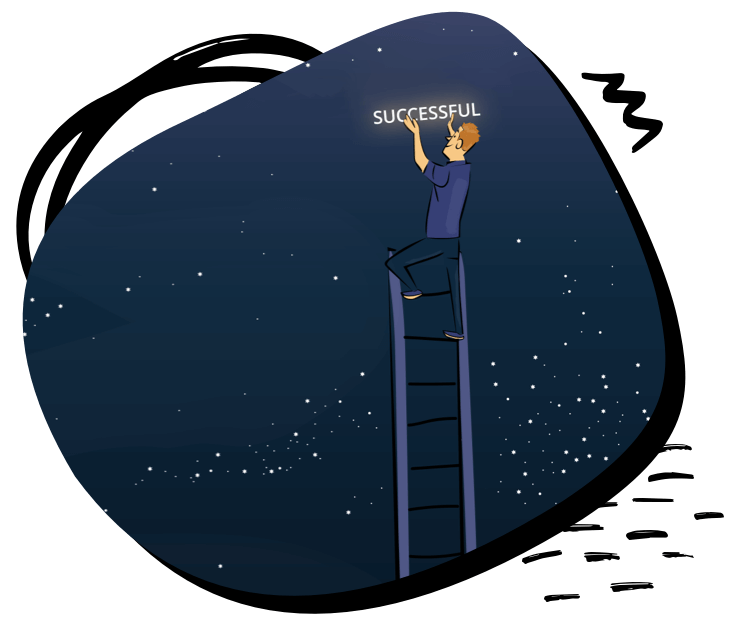 A man climbing a ladder into space holding a sign that says "Successful".