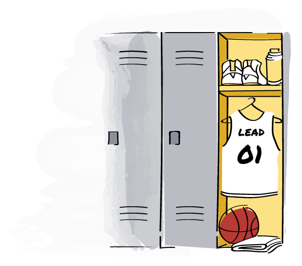 A designed image of a locker room with one open locker showing a hanging jersey, basketball and shoes.