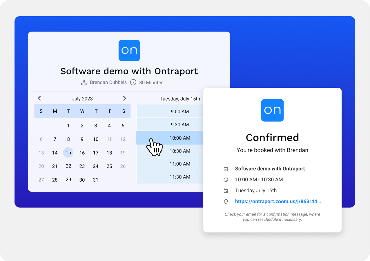 Screenshot of the Calendar feature in Ontraport overlayed on top of people sitting at a table smiling. 