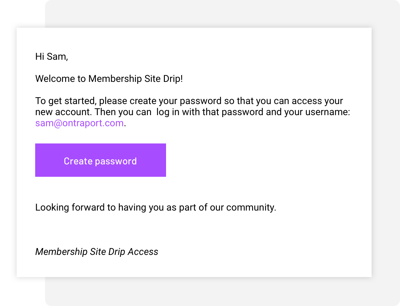 Screenshot of a password generation email sent to new Membership Site users