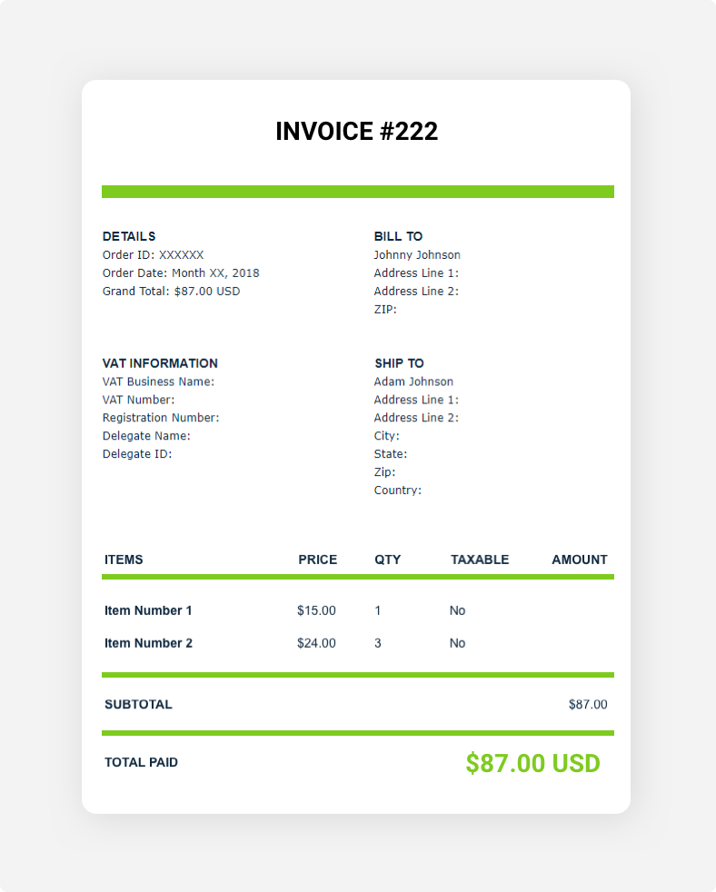 Screenshot of an invoice sent after a purchase is made.