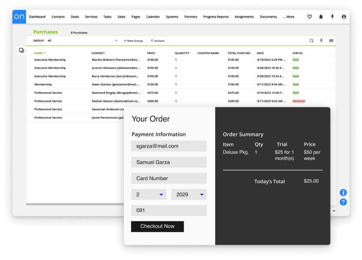 A screenshot of the payments collection in the Ontraport app