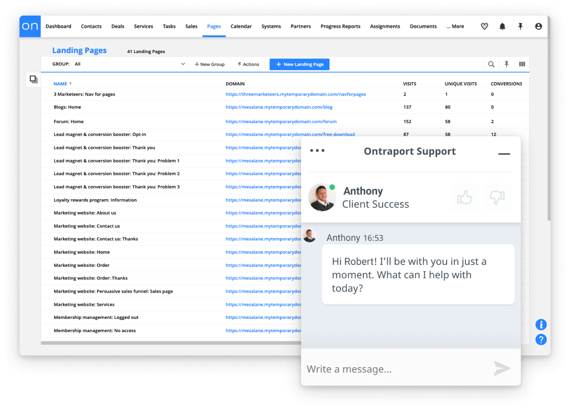A screenshot of the landing pages collection in the Ontraport app, and a chat window with Ontraport Support