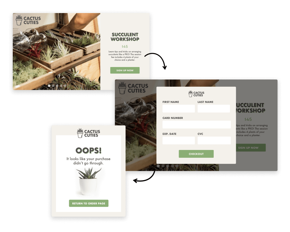 Landing pages and forms built with the Ontraport app showing an "oops" message.