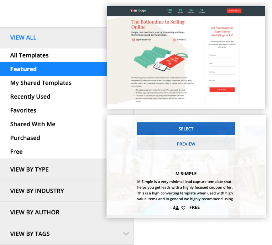 Screenshots of pre-built templates available to Ontraport users