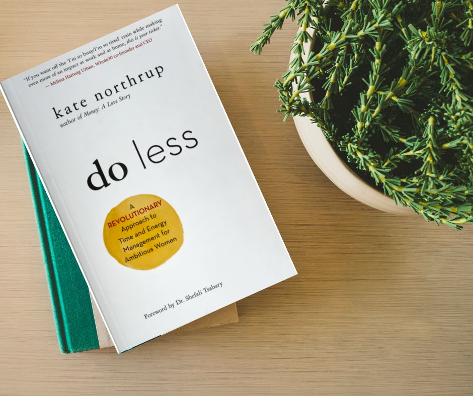 Image of Do Less Book Sitting on a countertop next to a drink